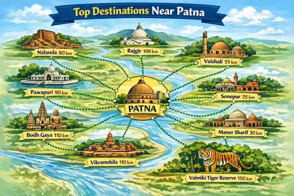 Travel destinations near Patna map with distances
